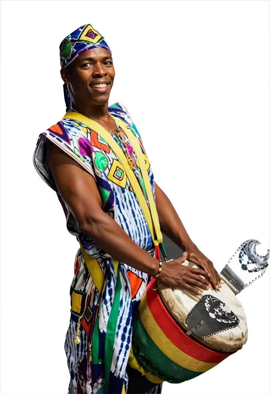 Percussionniste en tenue multicolore debout, djembé à la taille