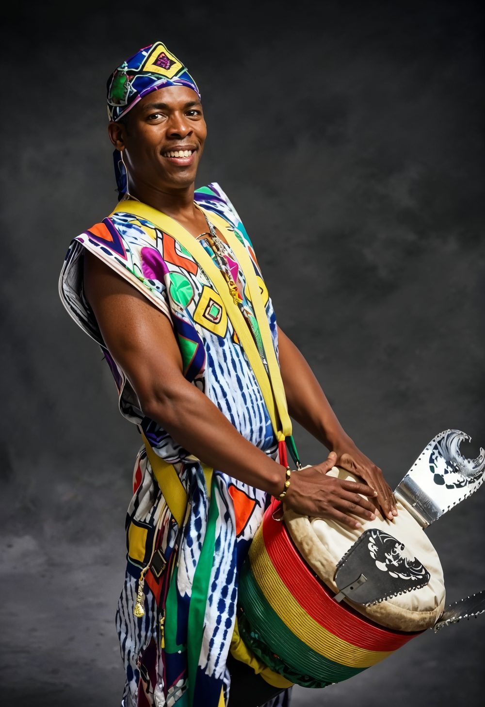 Percussionniste debout avec son djembé, portrait en studio